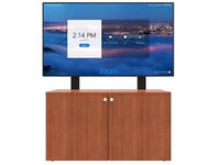 iCart CRED2V-D 2-bay AV cabinet includes dual 45-82in display mount, 12RU sliding, rotating rack, rack-mount 6-port power strip, door knobs, and leveling feet.