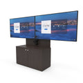 iCart CRED2L-D 2-bay AV cabinet includes dual 45-82in display mount, 12RU sliding, rotating rack, rack-mount 6-port power strip, door knobs, and leveling feet.