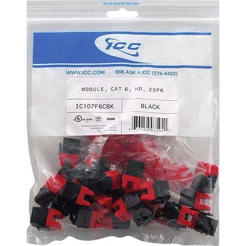 ICC IC107F6CBK CAT6 RJ45 Keystone Jack, HD Style, 25-Pack, Black