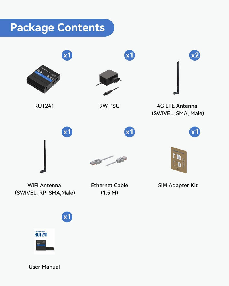 IN STOCK! Teltonika RUT241098000 Industrial 4G LTE Cellular Router, 4G LTE Wi-Fi Router, Automatic failover, Advanced VPN, Certified by Verizon/AT&T/T-Mobile, Industrial 4G Router for North America