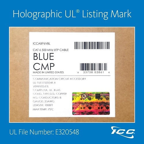 ICC ICCABP6VBL CAT6 UTP/CMR Copper Premise Cable, Bulk, 1000', 350MHz, Blue