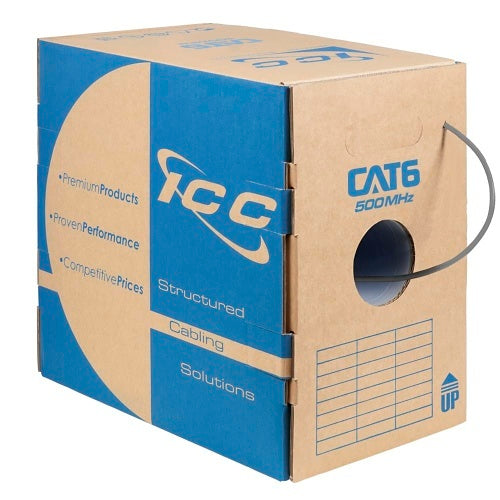 ICC ICCABR6VGY CAT6 CMR Riser 23AWG 100% Solid Pure Copper Unshielded Bulk Ethernet Cable, UTP, PoE++, 500 MHz, UL Certified, 1000' Reelex Pull Box, Gray