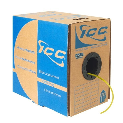 ICC ICCABT6VYL CAT6 CMP Plenum 23AWG 100% Solid Pure Copper Unshielded Bulk Ethernet Cable, UTP, PoE++, 500 MHz, UL Certified, 1000' Reelex Pull Box, Yellow