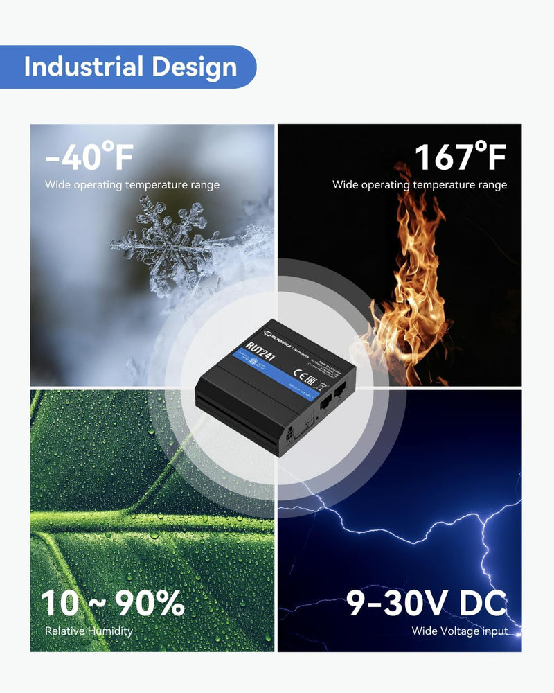 IN STOCK! Teltonika RUT241098000 Industrial 4G LTE Cellular Router, 4G LTE Wi-Fi Router, Automatic failover, Advanced VPN, Certified by Verizon/AT&T/T-Mobile, Industrial 4G Router for North America