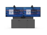 iCart CRED3V-DX 3-bay AV cabinet includes VMPU-100L-120 Dual display mount, 12RU sliding, rotating rack, rack-mount 6-port power strip, door knobs, and leveling feet.