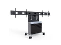 iCart ELT-2100L-B Floor stand supports dual displays up to 82 (max 44 display height). Includes powered speaker module, 10RU rack space, adjustable height camera shelf