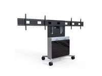 iCart ELT-2100L-B Floor stand supports dual displays up to 82 (max 44 display height). Includes powered speaker module, 10RU rack space, adjustable height camera shelf