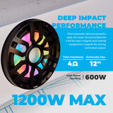 12” Marine Subwoofer with Hybrid Magnet Motor, Removable Grille and Digital LED Lights - 600W RMS 4-Ohm