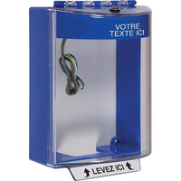 STI-13230CB-FR Universal Stopper Dome Cover, Surface Mount, Label Hood with Horn, Custom Label, French, Blue