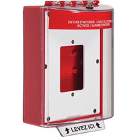 STI-13520FR-FR Universal Stopper Dome Cover, Enclosed Back Box and Opened Mounting Plate, Label Hood with Horn, Fire Label, French, Red