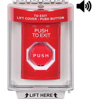 STI SS2048PX-EN Stopper Station Push Button with Universal Stopper Cover, Horn, Flush Mount, Pneumatic Illuminated, 'PUSH TO EXIT' Label, Red