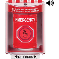 STI SS2087EM-EN Stopper Station Button with Universal Stopper Cover, Horn, Surface Mount, Weather Resistant Momentary, EMERGENCY Label, Red