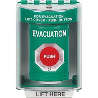 STI SS2181EV-EN Turn-to-Reset Stopper Station with Horn, Indoor / Outdoor, Surface Mount, EVACUATION Label in English, Green