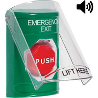 STI SS21A8EX-EN Green Indoor Only Flush or Surface w/ Horn Pneumatic (Illuminated) Stopper Station with EMERGENCY EXIT Label