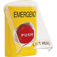 STI SS2228EM-EN Stopper Station with Shield, Pneumatic Illuminated, EMERGENCY Label, Yellow