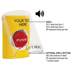 STI SS22A8ZA-EN Stopper Station with Shield and Sound, Pneumatic Illuminated, Custom English Label, Yellow