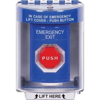 STI SS2478EX-EN Stopper Station with Universal Cover, Indoor / Outdoor, Surface Mount, Pneumatic Illuminated, 'EMERGENCY EXIT' English Label, Blue