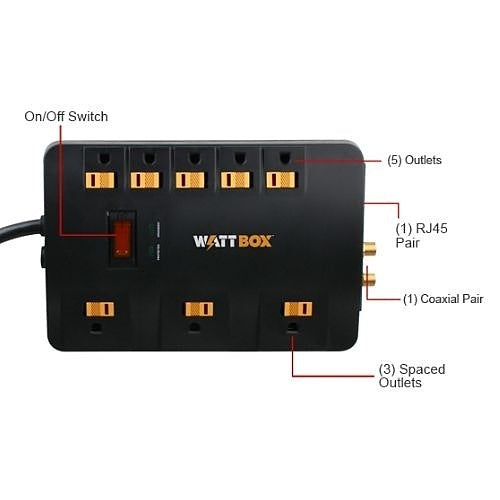 WattBox WB-200-8PS Surge Protector with Coax, Phone and Ethernet Protection, 8-Outlet, 4' Cord