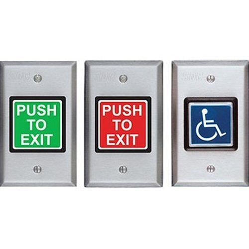 SDC 423U 420 Series Illuminated Push To Exit Button Switch, Electronic Timer, Adjustable (1-60 seconds), DPDT, Green/Red Button, Dull Stainless