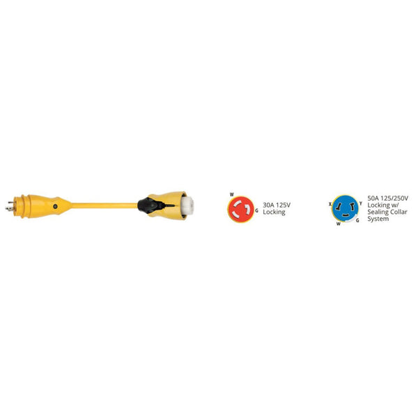 MARINCO 12998381 EEL Pigtail Adapter, 30A 125V Male to 50A 125/250V Female