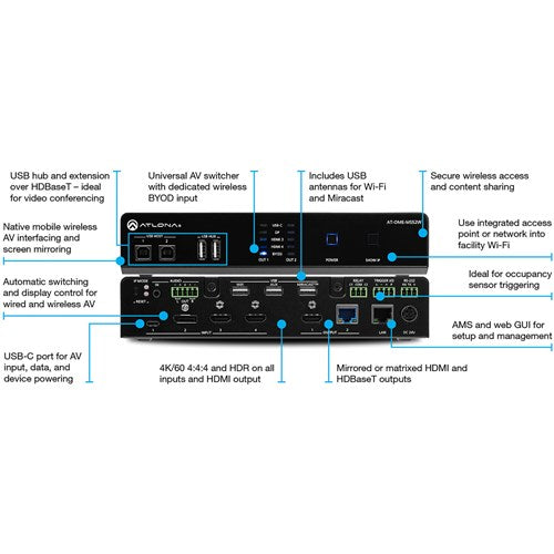 Atlona® AT-OME-MS52W Omega 5x2 4K/UHD multiformat matrix switcher, with wireless casting, HDM