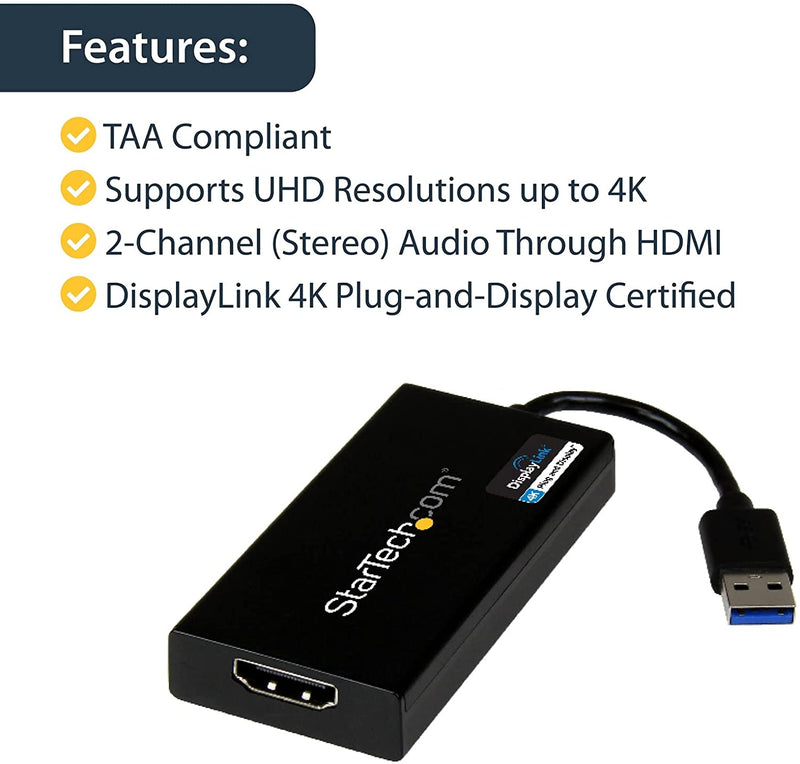 IN STOCK! StarTech.com USB 3.0 to HDMI Adapter - 4K 30Hz Ultra HD - DisplayLink Certified - USB Type-A to HDMI Display Adapter Converter for Monitor - External Video & Graphics Card - Mac & Windows (USB32HD4K)