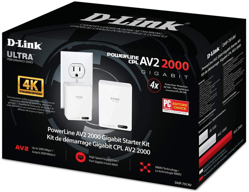 D-Link Powerline Adapter Starter Kit Ethernet Over Power Gigabit AV2 Up to 2000Mbps MIMO Internet Network Wall Plug In (DHP-701AV)