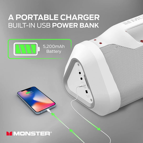 Monster Blaster 3.0 Portable Speaker, 120W Wireless Bluetooth Speaker, IPX5 Rechargeable Waterproof Bluetooth Speaker with USB Charge Out & Aux Input, White