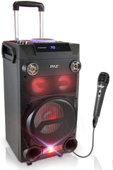 Pyle Outdoor Portable Wireless Bluetooth Karaoke PA Loud speaker - 8'' Subwoofer Sound System with DJ Lights, Rechargeable Battery, FM Radio, USB / Micro SD Reader, Microphone, Remote - PWMA335BT