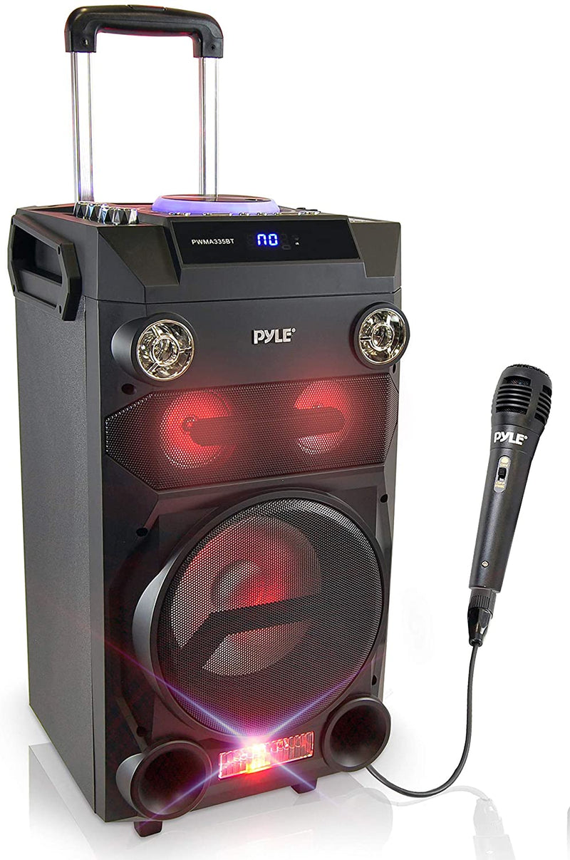 Pyle Outdoor Portable Wireless Bluetooth Karaoke PA Loud speaker - 8'' Subwoofer Sound System with DJ Lights, Rechargeable Battery, FM Radio, USB / Micro SD Reader, Microphone, Remote - PWMA335BT