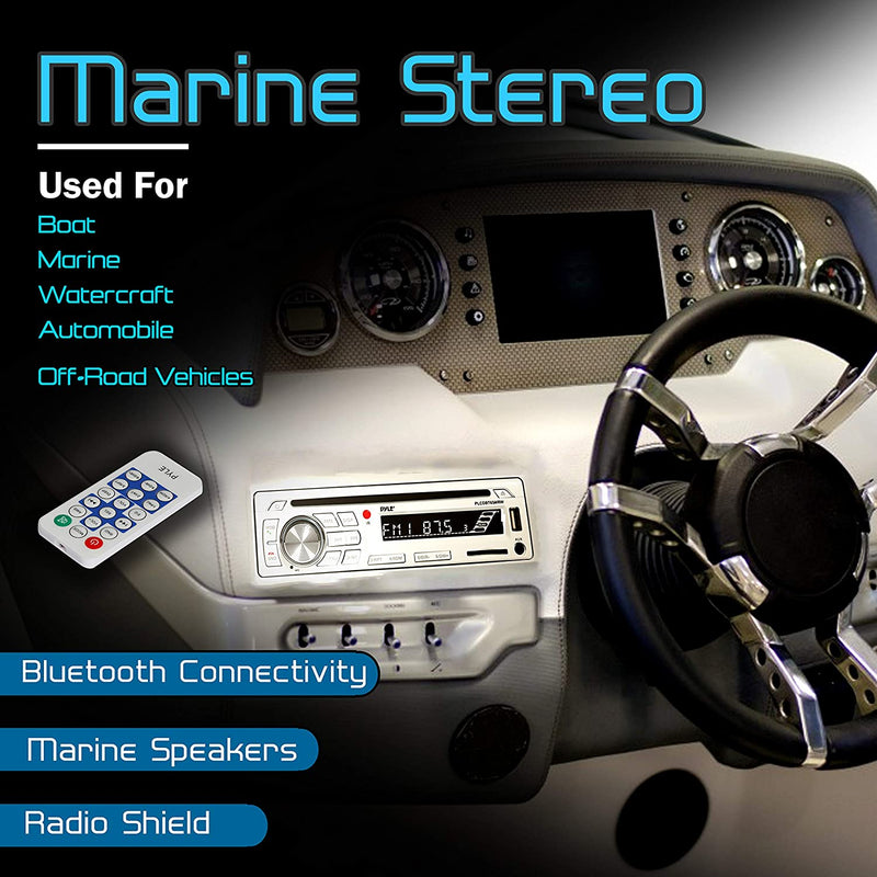 Pyle PLCDBT65MRW Marine Single-DIN In-Dash CD AM/FM Receiver with Two 6.5" Speakers, Splashproof Radio Cover & Bluetooth® (White)