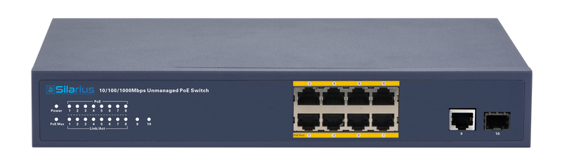 Silarius SIL-A8POE1G120NM 10 Ports POE+ switch with 8 Gigabit Ports PoE+, 1 Gigabit Uplinks, 1 SFP Slots Uplink, and POE indicator - 120W POE+
