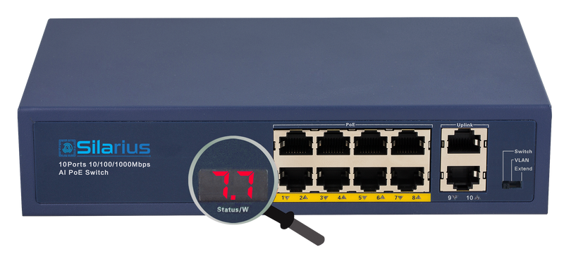 Silarius SIL-A8POE1G96 10 Ports POE+ switch with 8 Gigabit Ports PoE+, 2 Gigabit Uplinks, VLAN config and POE indicator - 96W POE+
