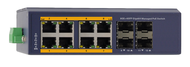 Silarius SIL-INDSW8P1G4SFP 12 Ports Gigabit managed industrial PoE switch - 8 Gigabit RJ45 ports and 4 Gigabit SFP slots