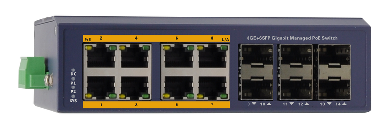 Silarius SIL-INDSW8P1G6SFP 14 Ports Gigabit managed industrial PoE switch - 8 Gigabit RJ45 ports and 6 Gigabit SFP slots
