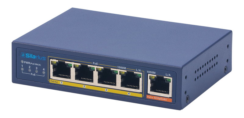 Silarius SIL-SWPP4P65 PoE Powered 5-Port Gigabit Switch with PoE Passthrough, 65W Power Budget for Powering up to 4 PoE Network Devices via Cat5e/Cat6 RJ45 Network Cables - 30W per output port
