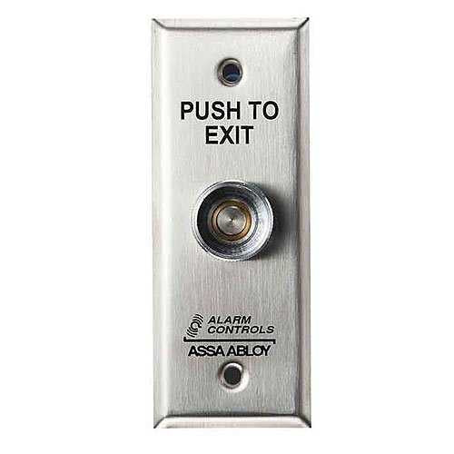 Alarm Controls TS-15 Request to Exit Station with Pneumatic Timer on Narrow 1-3/4" Wall Plate, 1/4" Push Button, Guard Ring, 302 Stainless Steel