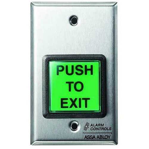 Alarm Controls TS-2-2T Request to Exit Station with Electronic Timer, 2" Green Square Push Button, Two SPDT Outputs, Single Gang, 430 Stainless Steel