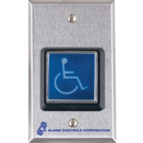Alarm Controls TS-4-2T Request to Exit Station with Momentary DPDT Output, 2" Blue Square Push Button, ADA Symbol, Single Gang, 430 Stainless