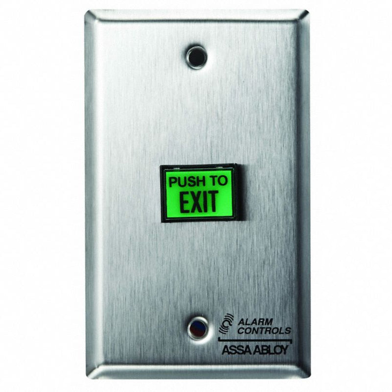 Alarm Controls TS-7T Request to Exit Station with Green "PUSH TO EXIT" Button & Timed Output, SPDT, Single Gang Wall Plate, 430 Stainless Steel Finish