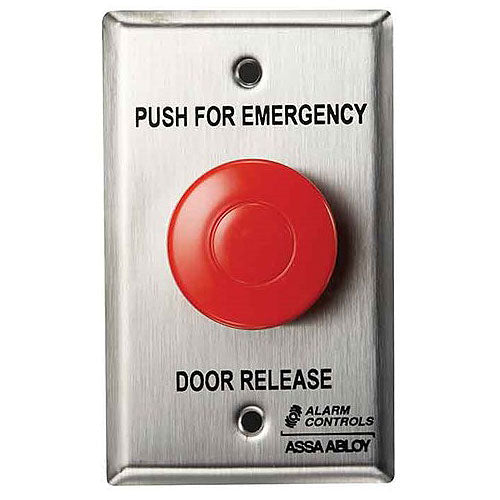Alarm Controls TS-32 Single Gang 1.5" Diameter Red Mushroom Button, "EMERGENCY DOOR RELEASE", Stainless Steel Wall Plate